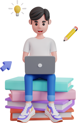 3d male character studying on laptop while sitting on books